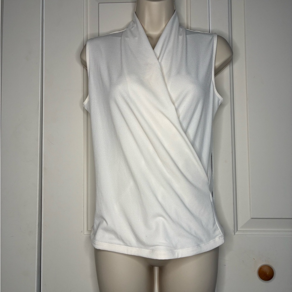 Tahari White Sleeveless Wrap Blouse